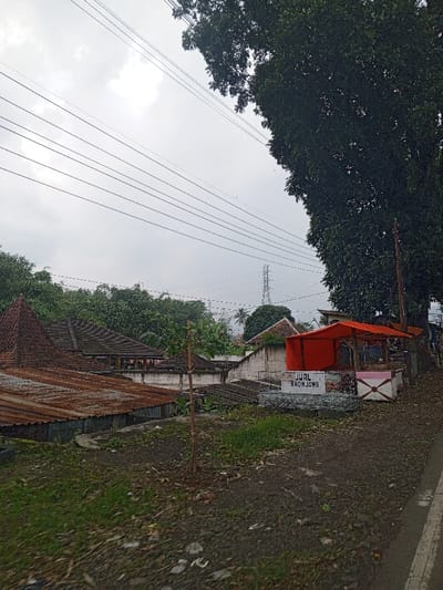 The image depicts an outdoor, semi-rural or peri-urban scene under an overcast sky. The foreground on the right shows the edge of an asphalt road marked with a white line, transitioning to a dirt and sparse grass shoulder. An informal market stall is present, characterized by an orange tarp canopy covering a basic frame. In front of this stall, a low, rectangular sign or planter box reads "JUAL BRONJONG" in black capital letters. Adjacent to this, a smaller white and pink painted concrete block is visible. A large tree with dense dark green foliage occupies the upper right portion of the frame, extending vertically along the right edge.
In the midground, a cluster of buildings is visible, featuring a variety of roof types. Several roofs are constructed from rusty, corrugated metal, while others exhibit traditional reddish-brown clay tiles, including one with a multi-tiered, pyramidal design. Behind these structures, dense green foliage suggests further vegetation. A thin, young tree or wooden pole stands upright in the dirt path towards the left-center. A light-colored concrete wall runs horizontally behind the lower roofs.
The background reveals a landscape dominated by trees and vegetation. A tall, lattice-style electrical transmission tower is silhouetted against the sky in the distance, and faint outlines of hills or mountains are discernible on the far horizon. Multiple overhead power lines or communication cables traverse the upper section of the image horizontally. No individuals are present in the scene.
Based on the text "JUAL BRONJONG," which translates to "Sell Gabion" in Indonesian, the scene's linguistic context points to an Indonesian-speaking region, not Qorday, Kazakhstan, as specified.