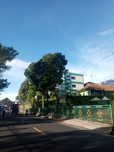 The image depicts an outdoor, daytime scene of a paved road flanked by buildings and dense vegetation under a clear blue sky. The location is identified as Cibalong, Garut Regency, Indonesia, based on a visible sign reading "SMA 1 CIBALONG" and "Kabupaten Garut" near the center-right, contradicting the prompt's specified location.
The sky is predominantly clear blue with minimal, wispy white clouds visible near the horizons. Strong, direct sunlight casts long shadows across the asphalt road, indicating a low sun angle. The road surface is dark, with a faded single yellow line partially visible in the center-left.
On the right side of the road, a green metal fence with repeating yellow geometric patterns runs along the edge of an elevated property. Behind this fence, several large, dark green trees are prominent. Further back, a multi-story building, primarily white with horizontal green banding, stands. This building is identified as "SMA 1 CIBALONG" by a vertical multi-panel signpost positioned in front of it. To the right of this taller structure, a smaller, single-story building with light green walls and a distinctive brown, sloped tiled roof is visible. A tall, thin metal communication tower is partially visible in the distant background on the far right. Overhead power or utility lines stretch across the upper portion of the frame.
On the left side of the road, a line of tall, dark green trees extends into the distance, behind a stone or concrete retaining wall. The road itself shows vehicular and pedestrian traffic moving away from the viewer. A person dressed in dark clothing is walking on the far left edge of the road. Further down the road, a dark-colored light truck with a brown cargo bed is visible, followed by a lighter-colored car. Closer to the center of the road, a person on a motorcycle, appearing as a dark silhouette, is also moving away.