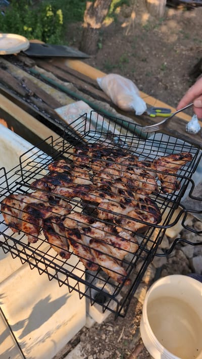 The image depicts a close-up, eye-level view of chicken wings being grilled on a black metal barbecue rack. The wings are arranged in multiple rows on the rack and appear to be cooked, with some areas showing charring. The barbecue rack is positioned outdoors, with a blurred background of greenery and trees, suggesting a rural or park-like setting. In the foreground, a white surface casts a shadow, and to the right, a pale bucket with liquid is visible. A fork is also present, held by an unseen hand, and appears to be reaching towards the wings. The overall impression is one of outdoor cooking or a picnic. There is no discernible indication of the image being taken in the city of Kostiantynivka, Ukraine, or any specific urban location.