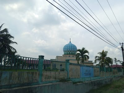 An outdoor, eye-level, slightly wide-angle shot captures a mosque with a distinctive blue and white patterned dome, set against a cloudy sky. The mosque is surrounded by a green metal fence and a weathered concrete wall. Palm trees are visible on the left and right sides of the mosque. A sign with blue text on a lighter blue background is attached to the wall. The building appears to be a place of worship in the city of Pulorayeuk, Indonesia. Power lines are strung across the top of the frame.