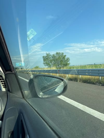 The image presents a view from the interior of a vehicle, looking outward through the passenger-side window onto a highway environment. The location is specified as Malo Konare, Bulgaria.
The sky is clear and bright blue, featuring scattered white cumulus clouds and prominent aircraft contrails in the upper right quadrant. The road visible is an asphalt highway, with a textured white dashed line delineating the right side of the lane. Adjacent to the roadway is a silver-colored metal guardrail. Beyond the guardrail, the roadside terrain consists of dry, yellowish-green grass and a solitary, verdant deciduous tree. Further into the distance, extensive agricultural fields, predominantly green with lighter patches, stretch towards the horizon. Faint outlines of distant wind turbines are discernible against the sky in the background.
The interior of the vehicle is visible in the foreground, including a segment of the black dashboard and door panel. This section features a rectangular air vent, a circular speaker grille, and a portion of the door's grab handle recess. The passenger-side exterior mirror is visible, reflecting a distorted view of the highway and parts of the car's interior. Reflections on the windshield include an inverted yellow-green sticker with partially legible Cyrillic characters, possibly "CEBAИР". A billboard with blue text, including "ГРЕДЛ" and "3%", is faintly visible through the windshield in the distance. No individuals are present in the image. The perspective and environment indicate the vehicle is in motion on the highway.