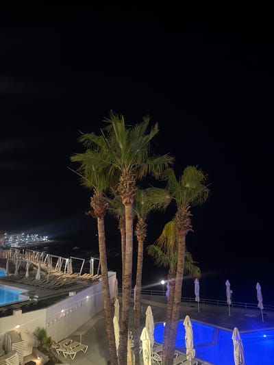 Night view of a beach resort with palm trees in Saint Paul's Bay, Malta. The sky is dark and clear. Several illuminated palm trees stand between the viewer and the resort. The resort features rows of beach chairs and folded parasols, illuminated by artificial lighting. A pool is visible at the right of the image, illuminated in blue. Distant city lights can be seen along the coastline.