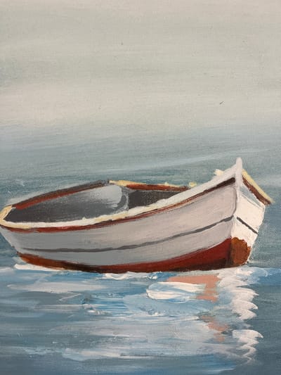 This is a close-up, abstract painting of a boat. The boat is rendered in shades of white, gray, and brown, with bold brushstrokes that give it a textured, almost sculptural appearance. The hull of the boat is visible, showing its curved form. To the right of the boat, there are abstract representations of water, painted in vertical strokes of blue and white, with hints of pink and brown. These strokes suggest the movement and texture of choppy water or waves. The background is a muted, light blue, providing a calm contrast to the dynamic water and the detailed boat. The overall impression is one of a boat at sea, with the focus on the interplay of light, form, and texture. There is no visible text in the image. The style is impressionistic, emphasizing the visual experience rather than precise detail.