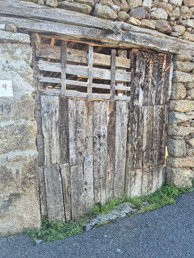 The scene depicts an old, weathered wooden entrance set into a rustic stone wall in Collado del Mirón, Spain. The entrance opening is spanned by a thick, rough-hewn wooden lintel beam and primarily filled with vertically oriented, irregularly sized wooden planks that exhibit significant weathering, splitting, and discoloration. Above these planks, an upper section of the opening is partially filled with horizontal wooden slats, forming a lattice structure through which a darker, recessed interior is visible. To the right, a wider, dark vertical wooden board appears to function as a singular door or panel, also showing signs of age. The walls flanking and above the wooden structure are constructed from varied, irregular natural stones, dry-stacked or minimally mortared. On the left stone wall, a small, faded white rectangular plaque with a red symbol and the partially visible number "19" (or "43") is affixed. At the base of the wooden structure and against the stone walls, a narrow strip of ground is covered with small, vibrant green herbaceous plants. This vegetated strip borders an asphalt surface, likely a road or path, that occupies the lower portion of the image, appearing dark grey and textured. The lighting suggests natural daylight conditions. No individuals, animals, or active events are depicted.
