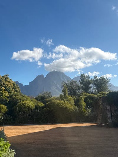 The image shows a view of a mountain range partially obscured by trees. The sky is blue with scattered white clouds. To the right, there's a wall or pavement in shadow. The location is likely within the Stellenbosch Local Municipality, South Africa, given the landscape features. There are no people visible in the image.