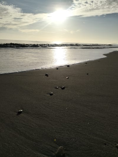 The photograph captures a beach scene, possibly in Sagoe, Indonesia, at dawn or dusk. The sun shines brightly through a thin layer of clouds in the sky, creating a strong reflection on the water. The beach has dark sand and scattered pebbles. Gentle waves meet the shore, leaving a trail of white foam. There are no people visible in the frame.
