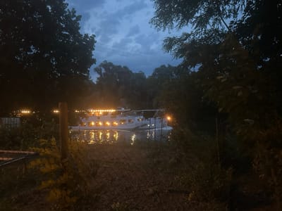 The image depicts a nighttime scene on a body of water, likely the Neckar River, viewed from a bank within or adjacent to the city of Ludwigsburg, Germany. In the mid-ground, a white pleasure boat with multiple illuminated windows is visible, moving through the dark water. The boat's lights cast a warm, golden reflection on the rippling surface of the water. The surroundings are dominated by dense, dark foliage from trees that frame the scene, with some of their branches reaching into the frame from the top and sides. In the foreground, a chain-link fence with a rough wooden post is present, partially obscuring the view of the river and boat. Behind the fence, there is some low-lying vegetation. The sky above is a deep blue, indicative of twilight or night, with visible clouds and power lines stretching across the upper portion of the image. A few scattered lights, possibly from buildings or streetlights, are visible in the distance beyond the trees on the far bank. The overall atmosphere is one of quiet evening activity on the water, seen from a slightly secluded vantage point.