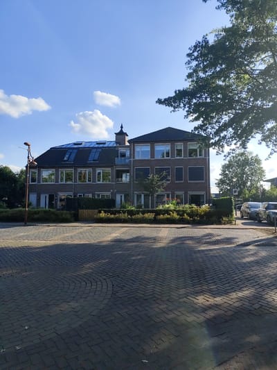 This is a medium shot, exterior, daytime photograph taken in Schaijk, Netherlands. The scene depicts a row of modern brick apartment buildings with large windows and a dark tiled roof. Some of the roof windows appear to be skylights or solar panels. A streetlamp stands in front of the left building, and a line of manicured bushes and some flowers forms a border between the buildings and the brick-paved street in the foreground.

The sky is a clear blue with a few scattered white clouds. A large, leafy tree with dark green foliage is visible in the upper right of the frame, casting dappled shadows on the street and buildings. Several cars are parked on the street to the right of the buildings.

The sunlight suggests it is a bright, sunny day. The shadows cast by the trees indicate the sun is positioned to the right and slightly behind the viewer, possibly late morning or early afternoon. The overall mood is peaceful and serene. No people are visible in the frame. There is no visible text in the image.