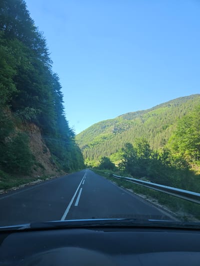 A road runs through a forested landscape, possibly near Liaskovo, Bulgaria, based on the landscape type. The view is from inside a vehicle, showcasing part of the dashboard and a road barrier to the right. A dark asphalt road with double white lines bisects the image. To the left of the road is a steep, densely vegetated slope. The vegetation consists primarily of deciduous trees. A larger, wooded mountain is visible in the distance. The sky is bright blue.