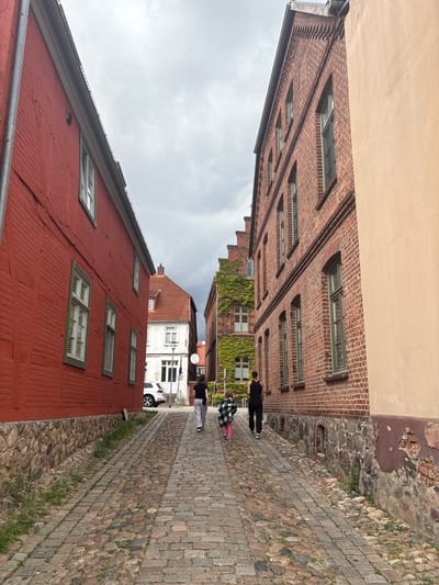 In Plau am See, Germany, an elderly cobblestone street slants upwards, flanked by buildings. On the left, a red brick building with white-framed windows and a gray downspout dominates the foreground. Its base is a rough stone wall. On the right, a tall, red brick building with dark green-framed windows rises, its facade partially obscured by a lighter colored building on the far right. The red brick building is adorned with ornamental brickwork near the roofline. In the middle distance, a white building with a red-tiled roof is visible. Two adults and a child walk away from the viewer up the street. The adult in the center wears a black tank top and dark pants, while the person to their left wears a black and white checkered jacket over a dark shirt and grey pants. The child, in front, wears pink pants and a black and white checkered top. A white car is parked on the side of the street. The sky is overcast with dark clouds.