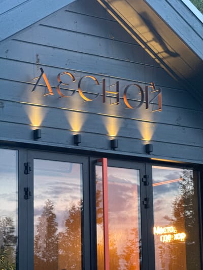 This media file captures an exterior view of a building with a dark, wooden facade. The building has an angled roofline. Mounted on the facade are large, stylized metal letters spelling out "ARCHON". Three small spotlights are directed downwards, illuminating the letters and the wooden planks. To the right of the letters is a large window, divided into two panes by a horizontal bar. The window reflects the sky, with clouds and the silhouette of trees. Inside the window, a bright, neon sign is visible, with text written in Cyrillic. The text, when deciphered, reads "Место где..." which translates to "The place where...". The lighting suggests it is either early morning or late evening, as there is a warm glow on the building and in the reflections. The overall impression is of a modern establishment, possibly a restaurant or a business, with a focus on aesthetic design. The location context of Vidnoye, Russia, provides a geographical anchor for this scene.