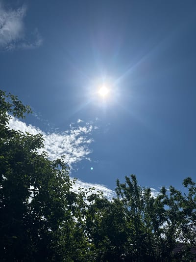 The image displays a bright, sunlit sky with a few scattered clouds. The sun is visible as a strong, glowing orb with visible rays. In the foreground, the tops of green trees fill the bottom portion of the frame. The scene appears to be an outdoor environment, possibly a park or residential area, under clear weather conditions. The location is identified as Дзержинец-83 Снт, Russia. There are no people or specific actions depicted in the image.