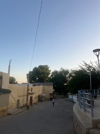 The image depicts a street scene in El Hajeb, Morocco. The perspective is from an elevated viewpoint looking down a paved street lined with aged, light-colored buildings. A solitary individual, wearing a white t-shirt and dark pants, walks away from the camera down the street. To the right of the street, a raised walkway with a metal railing and benches is visible, overlooking a lower level with trees and more buildings. A modern streetlamp stands prominently on this raised area. The sky is a clear, pale blue, suggesting it is either early morning or late afternoon. The architecture is characteristic of Moroccan urban environments, with textured walls and traditional building elements. The street itself is paved with interlocking gray bricks, and there are a few potted plants and small market stalls along the sides of the buildings.