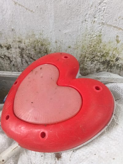 This image depicts a scene located in Kon Tum, Vietnam. The primary subject is a heart-shaped object, approximately 15-20 cm in width, predominantly red, with a recessed, lighter pink/peach-colored heart-shaped insert. The object appears to be constructed from a rigid plastic material and exhibits surface dust, dirt specks, and minor scuff marks. Four circular perforations are visible along its red perimeter; the lighter insert features faint radial striations.
The heart-shaped object rests on a white, coarsely woven surface, possibly a polypropylene bag or tarp, which is visibly soiled with brown particulate matter and dark stains. A white, cylindrical object, potentially a pipe or rod, is partially visible underneath the heart on the left side.
The background consists of a vertical, light-colored wall, likely concrete or stucco, characterized by a rough, uneven texture. The wall exhibits extensive patches of dark green to black biological growth, consistent with mold or algae, particularly in the lower and central sections of the visible area. Faint streaks and general discoloration are also present on the wall surface. The scene is illuminated by diffuse, ambient light, creating soft shadows. No human figures or active interactions are discernible.
