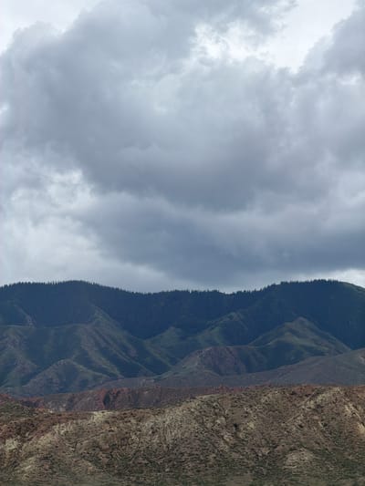 The image shows a vast, mountainous landscape under a dramatic, cloudy sky. The foreground is dominated by rugged, arid hills with sparse vegetation in shades of brown and tan, exhibiting textures of dry earth and rock. Behind these, several layers of progressively darker green, rolling mountains are visible, becoming denser and more vegetated further back. The highest range is a dark, tree-covered mountain ridge silhouetted against the sky. The sky itself is filled with heavy, grey clouds, obscuring the sun and creating a somber, diffused light across the scene. The overall impression is one of a remote, natural environment, possibly a natural park or a less developed region. The image is taken from a high vantage point, looking out over the expansive terrain. No people, man-made structures, or specific landmarks identifiable as being in Kaji-Say, Kyrgyzstan are present in the image itself.