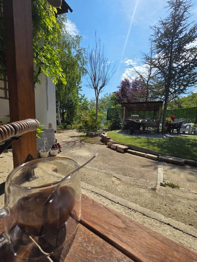 The image shows an outdoor scene, likely a backyard or garden, taken from a slightly elevated position. A partially filled clear glass mug, containing a dark liquid and a spoon, dominates the foreground, resting on a wooden surface. The background reveals a pathway leading to a wooden gazebo or pergola, furnished with chairs and a table. Lush greenery surrounds the pathway and gazebo, including various trees and shrubs. The sky is visible above the trees, exhibiting a clear blue color with some scattered clouds. Near the bottom left of the frame, part of a white wall and a wooden structure can be observed. The location is identified as Brestnik, Bulgaria, based on the provided context.