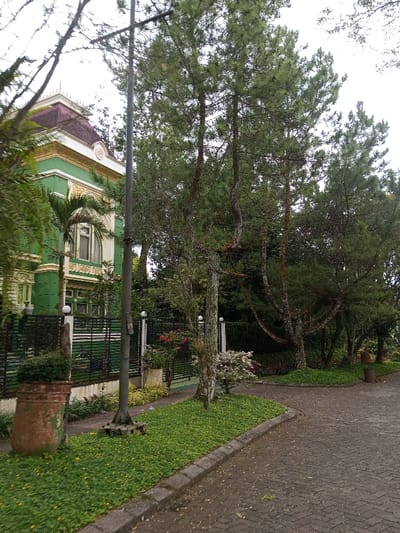 A green mansion with a red roof stands behind a black fence. Lush trees and foliage surround the property. A utility pole rises beside the building, and a brick-paved road runs along the curb. Flowers and plants decorate the fence line and add color to the scene. The overall impression is one of affluence and tranquility.