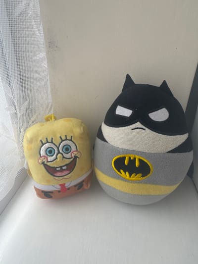 The image depicts two plush toys, one of Batman and one of Spongebob Squarepants. Batman is positioned above Spongebob. The toys are resting on a surface covered in a white, mesh-like material. The background includes a white wall and some dark, possibly moldy, discoloration in the top left corner. The location, Welshpool, United Kingdom, cannot be determined from the visual information in the image.