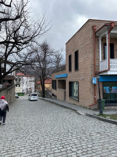 The scene depicts a downhill cobblestone street in Sighnaghi, Georgia, under an overcast sky. A person, viewed from behind, wearing a red hat, a patterned scarf, dark pants, and a dark jacket, walks down the left side of the street. To their left, a stone wall runs alongside the street, with several large, bare deciduous trees and traditional white-walled buildings visible beyond it. On the right, a two-story building constructed of light brown bricks features a white wooden balcony with decorative balusters on the upper floor. A brown downspout runs vertically along the building's right corner. The ground floor displays dark-framed windows and blue signage, including a partially visible "BANK" sign on a lower window and a smaller blue sign with a white triangular logo mounted on the wall near a black lamppost. A green trash bin is situated next to the lamppost. A concrete sidewalk borders the right side of the street. A white minivan travels downhill in the middle distance, followed by a green vehicle and another car further down the street. Hilly terrain with additional buildings and bare trees extends into the background.