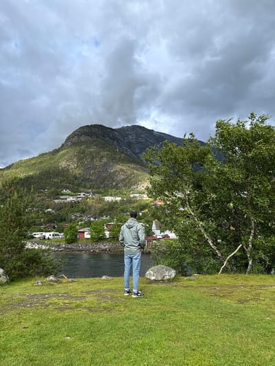 A man stands with his back to the camera, looking towards a scenic view in Eidfjord, Norway. He is wearing a light gray hooded jacket and blue jeans. The man is positioned on a grassy area in the foreground, with a body of water to his left and a hillside dotted with houses and trees behind it. The hillside is covered in greenery and rocky outcrops, and a large mountain rises in the background under a cloudy sky. A birch tree with green leaves is visible to the right of the man. Several white RVs and cars are parked along the edge of the water, suggesting a campsite or parking area. The overall atmosphere is tranquil and picturesque, capturing the natural beauty of the Norwegian landscape.