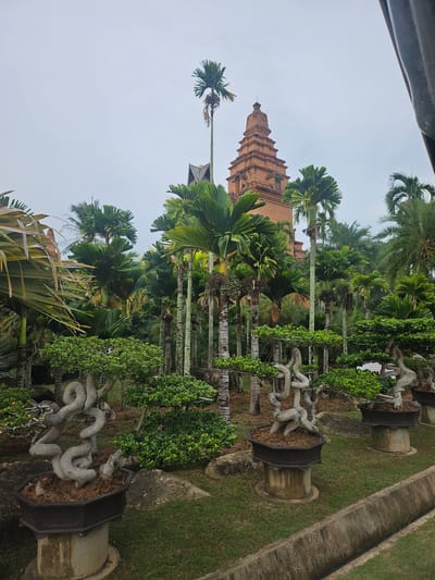 The image depicts a lush garden scene in Na Chom Thian, Thailand, featuring a prominent brick tower in the background. The tower is square at its base and tapers upwards with stacked levels, capped by a pointed spire. It is surrounded by an abundance of tropical vegetation, including tall palm trees with slender, segmented trunks and large, fan-shaped fronds. In the foreground, meticulously sculpted bonsai trees with thick, twisted trunks and dense green foliage are displayed in dark octagonal planters, each elevated on a concrete pedestal. The ground is covered with green grass and scattered rocks. The sky is overcast, suggesting a cloudy day. The perspective suggests the photo was taken from a slightly elevated position, possibly from a walkway or a raised platform.