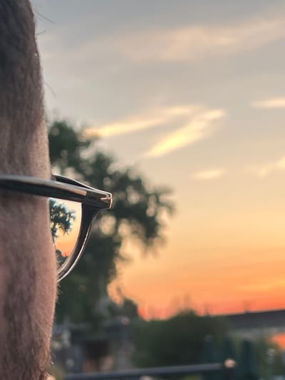 A close-up, profile view shows a person's face, covered in stubble, partially obscured by eyeglasses. The eyeglasses reflect a sunset with hues of orange and yellow. In the background, out of focus, are trees and a cityscape, possibly Mannheim, Germany, suggesting an outdoor setting at dusk. The overall scene captures a reflective moment, with the sunset symbolizing the end of the day.