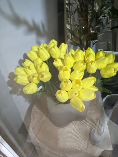 A close-up, elevated view captures a large collection of approximately 50-60 bright yellow artificial tulips, arranged in multiple bunches, resting on a light-colored, woven, circular object resembling a straw hat or mat. The tulips display closed to partially open buds with visible green stems and some green foliage. The base of the tulip arrangements is encased in a translucent, light-colored wrapping material. To the immediate left, a plain light grey wall is visible, exhibiting a distinct dark shadow, possibly from a plant or tree branch. To the right and in the background, out of focus, is a large potted plant or artificial tree with dark green leaves and a central trunk. No individuals are present. The scene is illuminated by artificial light, indicative of an indoor setting within the city of Smederevska Palanka Municipality, Serbia.