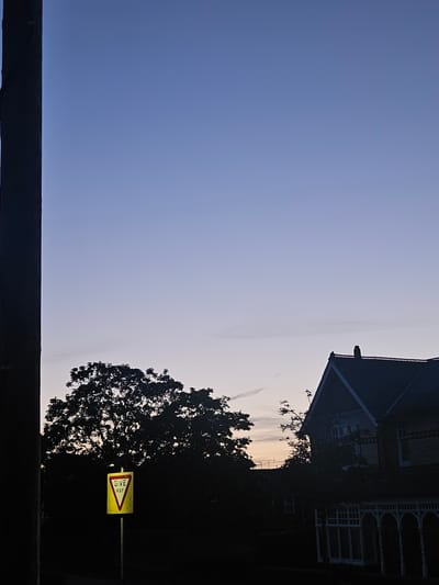 A vertical, full shot captures a dusky scene with a gradient sky transitioning from deep blue at the top to a pale lavender near the horizon, characteristic of twilight. On the left, a dark, thick vertical pole dominates the foreground, its texture indistinct. Centered lower left is a bright yellow triangular "Give Way" road sign with red lettering. Behind the sign and to its right, a large, silhouetted tree with dense foliage is visible. Further to the right, a portion of a building with a dark roof and decorative white trim along its porch is silhouetted against the sky. The overall atmosphere is quiet and serene, with elements of urban infrastructure and residential architecture softened by the low light of dusk. The scene is likely located in Reading, United Kingdom, given the presence of a standard UK "Give Way" sign.