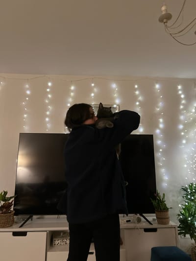 A woman in a dark blue hoodie bends down to kiss a gray cat sitting in front of a mirror on the wall. The wall is decorated with string lights. Behind the woman, a large black television sits atop a white cabinet. Several potted plants sit on the cabinet and floor. The image is rotated counterclockwise, giving the impression of a sideways perspective.