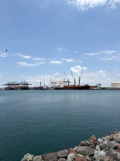 The image shows a harbor in Veracruz City, Mexico. The view includes a clear, partly cloudy sky and blue water on the right, edged by a rocky shoreline. In the middle of the image, there are container ships docked, with cranes loading and unloading cargo. The presence of the large ships and cranes indicates a busy port facility. A bird is visible in the sky.