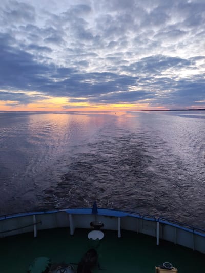 This image presents a serene yet dynamic view from the stern of a boat, looking out over a vast body of water at either sunrise or sunset. The foreground is dominated by the boat's deck, painted green, with a blue and white railing curving across the bottom of the frame. Various nautical fittings, including what appear to be cleats and covers, are visible on the deck.
The boat is clearly in motion, leaving a distinct, turbulent wake that trails into the distance. This wake contrasts with the smoother, reflective surface of the water further away, which mirrors the vibrant colors of the sky. Along the distant horizon, a radiant band of orange and yellow light signals the sun's position, casting a warm glow across the water. Above this, the sky is largely covered by a dramatic expanse of layered clouds, ranging in color from deep grey to soft white and tinged with the evening (or morning) light. These clouds appear to be a mix of stratocumulus formations.
Faint, low-lying land masses are visible as dark silhouettes on both the left and right sides of the distant horizon, framing the wide expanse of water. In the middle distance, directly ahead of the boat's wake, a small, dark, vertical marker or buoy stands solitary on the water. The scene evokes a sense of tranquil journey across a wide waterway, possibly a large lake or river near Gorushka, Russia. No discernible text is visible in the image.