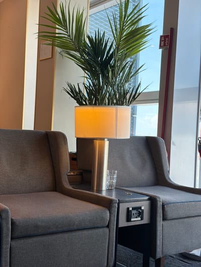 The image depicts an indoor lounge area, likely within Fiumicino, Italy, characterized by comfortable seating and ambient lighting. In the foreground, two plush grey armchairs are positioned next to each other, separated by a small side table. A lamp with a warm yellow shade sits on the table, illuminating the immediate area. Beside the lamp, a clear glass filled with water and ice rests on the table. A close-up view of the side table reveals an integrated power outlet with multiple sockets, suggesting a space designed for convenience.

A tall, leafy green plant stands behind the side table, its fronds reaching towards the large window that dominates the background. The window offers a view of a bright, overcast sky and a glimpse of architectural elements, possibly part of an airport terminal or a modern building. To the right of the plant and window, a red fire extinguisher is mounted on a pole, bearing an "ESTINTore" label, confirming its location within Italy. The overall atmosphere is one of relaxed comfort and practicality, suitable for a waiting area or a transit lounge.