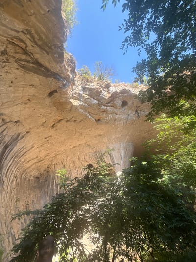 The image depicts a natural rock formation, likely a cave entrance or an overhang, bathed in sunlight. The rock face is textured with horizontal striations and pockmarked with small holes. Lush green foliage obscures parts of the foreground and right side of the frame, with sunlight filtering through the leaves. The sky is a clear, bright blue. In the lower left quadrant, a portion of a person's head and shoulder, visible from behind, suggests a visitor at the location. This natural landmark is part of the Karlukovo Karst region in Bulgaria, known for its numerous caves and rock formations.