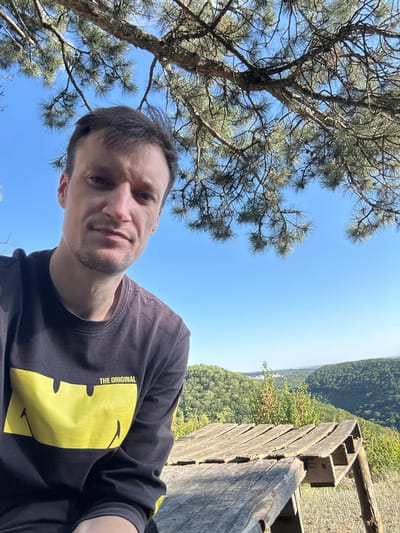 A man takes a selfie outdoors, with a backdrop of a lush, green forest and a clear blue sky. He is wearing a black t-shirt with a prominent yellow graphic and text that reads "THE ORIGINAL". The image is shot from a low angle, with the man's face filling the foreground, looking towards the camera with a neutral expression. To the right of the man, a wooden railing is visible, suggesting he is at an overlook or a scenic viewpoint. The sun is high in the sky, indicating it is likely daytime. The natural setting implies a moment of leisure or travel. The overall mood is relaxed and casual. No specific event is discernible, but the scene evokes a sense of enjoying nature and a picturesque landscape.