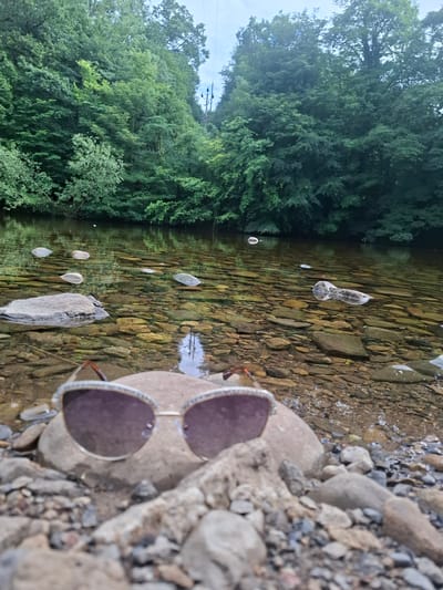 A pair of stylish sunglasses rests on a smooth, grey rock at the edge of a shallow, clear stream. The stream bed is covered in a mosaic of colorful, rounded stones, and the water is so transparent that the stones beneath are clearly visible. Scattered across the water's surface are several plastic bags, appearing to float or be caught in a gentle current.
To the right of the stream, a dense wall of lush green trees forms a natural backdrop, their leaves catching the sunlight. The foliage appears thick and healthy, suggesting a warm, possibly humid, summer day. The sky above is a soft blue, with a few hints of white clouds visible through breaks in the trees. The lighting suggests it is daytime, likely late morning or afternoon.
The overall scene evokes a sense of a peaceful, natural retreat. The presence of the sunglasses hints at leisure and perhaps a moment of rest taken by an unseen person. The plastic bags in the water, however, introduce a subtle element of human impact on the otherwise idyllic natural setting. There is no visible text in the image. The location is identified as Richmond, United Kingdom.