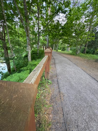 The image depicts a paved walking path curving through a lush, green forest. A wooden fence runs alongside the path on the left, separating it from a densely vegetated area with numerous ferns and trees. A body of water is visible through the trees on the far left. The path appears to be made of asphalt or a similar material and is bordered by gravel and grass. Sunlight filters through the leaves of the trees, creating dappled light and shadow. The scene is serene and natural, suggesting a park or recreational area. The location is identified as Keila-Joa alevik, Estonia. There are no people or animals visible in the image.