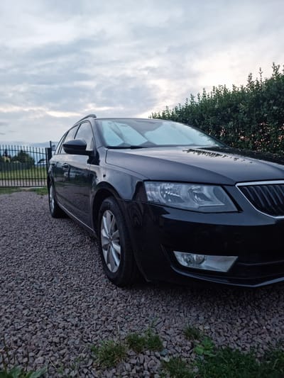A black station wagon is parked on a gravel driveway in Pohránov, Czechia. The car is viewed from a low angle, with the front left quarter of the vehicle dominating the frame. The car has its windshield sunshades in place. Behind the car, a dark green hedge runs along the right side of the image, and a black metal fence with a gate is visible on the left. The sky above is cloudy and overcast, suggesting it might be late afternoon or early evening. The ground is covered in small, dark gray gravel, with some patches of green grass growing through.