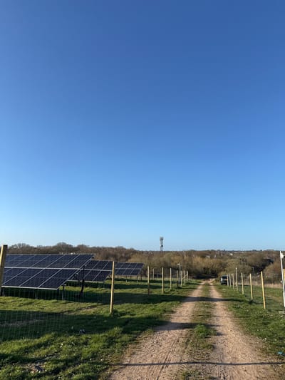 The image displays an outdoor scene located on the outskirts of Southampton, United Kingdom, under a clear, cloudless blue sky. A dirt track, exhibiting parallel tire impressions, extends from the bottom center of the frame into the mid-ground. On the left side of the track, a solar panel array consisting of multiple rows of dark, angled photovoltaic panels is installed in a grassy field. This array is bordered by a wire mesh fence supported by light-colored wooden posts, which also line the right side of the dirt track. Beyond the fencing on both sides, green grass transitions into denser vegetation, including deciduous trees and bushes, forming a treeline across the mid-ground. A dark-colored vehicle, consistent with a van or SUV, is parked at the visible end of the dirt track in the mid-ground, partially obscured by the track's perspective. In the background, a tall, slender cellular communications tower, equipped with multiple antennae, stands prominently against the clear sky, positioned to the right of the image's vertical center. Faint indications of distant structures are visible beyond the treeline. No individuals are present in the depicted scene.