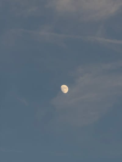 This image captures a near-full moon in a hazy, twilight sky. The moon is a pale yellow-white, with visible craters and surface details, and it is positioned slightly off-center in the lower right portion of the frame. The sky is a muted blue-gray, suggesting either dawn or dusk. Wispy, thin clouds, appearing as faint streaks, are scattered across the sky, adding texture and depth to the scene. One prominent faint streak runs vertically on the left side of the image. The overall atmosphere is calm and serene. The image provides no clues about a specific location other than the celestial body and the sky. There is no visible text in the image.