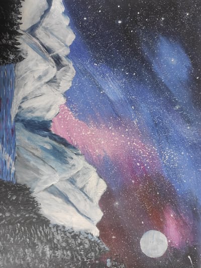 The image is a painting depicting a surreal landscape where a snowy mountain face meets a vibrant, star-filled nebula. The mountain, rendered in thick white and blue brushstrokes, dominates the left side of the frame. On its surface, there appears to be a depiction of a waterfall with blue and pink hues. To the left of the mountain, a dark, abstract shape suggests a coniferous tree.

The right side of the painting transitions into a cosmic scene. A deep blue sky is streaked with vibrant blues, purples, and pinks, creating the illusion of a nebula. Countless white dots represent stars, scattered across the celestial expanse. A large, pale orb, likely intended to be the moon or a distant planet, is visible in the lower right quadrant. The foreground beneath the mountain is a dark, textured area, possibly representing rocky terrain.

The painting does not depict any specific location in the city of Kipshek, Russia. The scene is fantastical and not representative of any real-world environment.