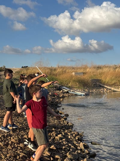 The image depicts an outdoor scene at the Gilboa Regional Council, Israel, focusing on a group of approximately ten young males gathered along a rocky shoreline of a body of water. In the immediate foreground, a boy wearing a dark red t-shirt and grey shorts is captured mid-action, extending his right arm backward as if throwing an object, while his left arm is bent forward. To his left, another boy in a dark green t-shirt and black shorts stands observing the water. Further along the rocky bank, several other boys are visible, some appearing to be holding or preparing to throw objects. One boy holds a long white stick. Splashes are visible on the water's surface, indicative of recent impacts. The near bank is composed of numerous medium-sized rocks. Across the water, the far bank is densely covered with dry, golden-brown grasses and reeds, with two concrete blocks and a partially submerged, dilapidated wooden or metal structure visible near the waterline. In the distant background, on a raised dirt embankment, several vehicles, possibly ATVs, are discernible. The sky is bright blue with scattered white cumulus clouds, and the scene is illuminated by natural daylight.