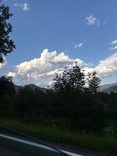 The image depicts a scenic view of mountains and trees under a bright blue sky with scattered clouds. In the foreground, a portion of an asphalt road with a white line is visible, along with a grassy verge. The middle ground is dominated by a dense line of dark green trees, some of which are silhouetted against the sky. In the background, rolling mountains are visible, with lighter green slopes indicating vegetation. The sky is a vibrant blue, with large, puffy white cumulus clouds scattered across it, some of which are illuminated by sunlight, creating a dramatic contrast. The overall scene suggests a rural or mountainous landscape, possibly captured from a roadside viewpoint. The location is identified as Bischofswiesen, Germany.