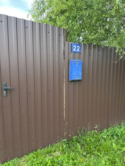 In the village of Sredneye Kechevo, Russia, a brown corrugated metal fence stands, partially obscured by lush green foliage from an overhanging tree. A dark green metal door handle is affixed to the left side of the fence. On the right side of the fence, a blue mailbox is mounted, with a blue square sign bearing the white numeral "22" above it. The ground in front of the fence is covered with dense green grass and scattered wildflowers. The sky above is overcast with light clouds.
