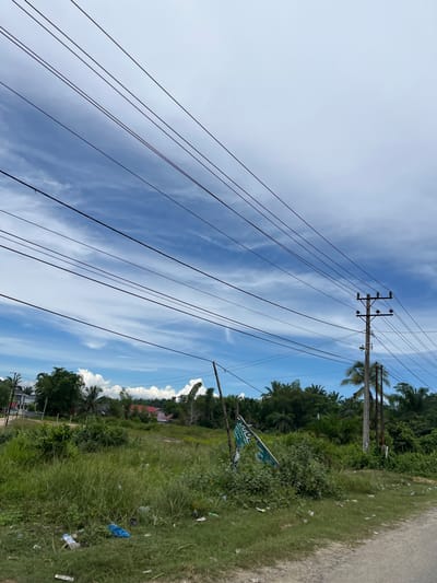 The image depicts an outdoor scene, likely in a rural or semi-rural area, possibly in Bukitpanjang Dua, Indonesia, based on the vegetation and building styles. The sky is partly cloudy with a bright blue expanse and wispy white clouds. A network of utility wires crisscrosses the frame from left to right, supported by wooden utility poles. In the foreground, a patch of tall, green grass is scattered with various pieces of litter, including plastic bags and bottles. Behind the grassy area, a dense collection of tropical trees and palm trees forms a backdrop. A few buildings, appearing to be houses, are visible nestled amongst the foliage. The overall impression is that of a slightly neglected, yet vibrant, natural landscape with human infrastructure present.