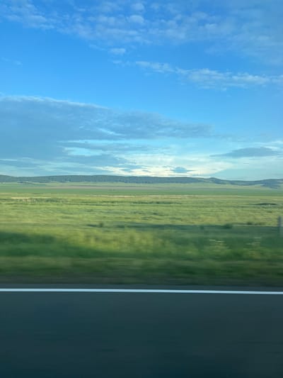 The image depicts a view from a moving vehicle, likely a train, looking out at a rural landscape under a bright blue sky with scattered white clouds. The scene is dominated by a vast, green field stretching towards a distant tree line that forms a dark, undulating horizon. The field appears to be agricultural, with visible rows or segments indicating cultivation. The motion blur suggests the photograph was taken while the vehicle was in transit.

On the right side of the image, a dark, vertical element, possibly part of the vehicle's interior or a window frame, partially obstructs the view. A thin white line runs vertically along the edge of this dark area, separating it from the natural landscape. The lighting suggests it is daytime, likely late morning or afternoon, given the brightness of the sky and the clarity of the scene. The overall atmosphere is serene and suggests a journey through the countryside. No people or specific objects are discernible in the landscape. There is no visible text in the image. The location context of Tolstyi Mys, Russia, implies a setting in a rural or semi-rural area of Russia, consistent with the observed landscape.