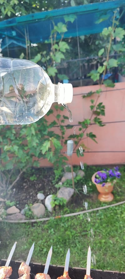 In a backyard setting, likely in Лёзненскі сельскі Савет, Belarus, a clear plastic bottle is held at an angle, allowing water to drip from its opening. The bottle is partially filled with clear liquid. In the background, green foliage is visible, possibly from a vine growing on a structure covered with a blue tarp. A terracotta pot containing purple flowers sits on the grass. In the foreground, several metal skewers with pieces of meat are positioned over a dark grill. The scene suggests preparation for grilling outdoors, possibly a barbecue.