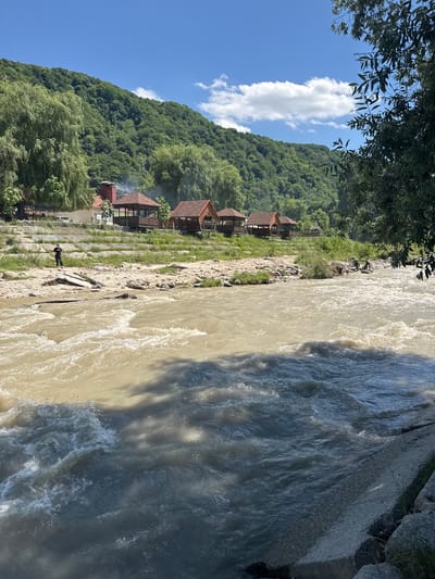 A wide, muddy river flows in the foreground, with visible rapids and white water. On the riverbank, a single person wearing dark clothing stands, facing away from the camera. Behind them, a series of wooden gazebos with reddish-brown roofs are set up on a grassy embankment, some with smoking chimneys. The background is dominated by a lush green, tree-covered mountainside under a bright blue sky with scattered white clouds. The scene appears to be a recreational area near a river. This location is identifiable as a resort on the Baksan River in the vicinity of Nalchik, Russia.