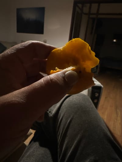 A person's hand is holding a partially eaten orange. The orange's flesh is visible and slightly torn. The person is wearing grey pants. The background includes a dark picture frame on a wall and a blurred appliance. The scene is dimly lit.