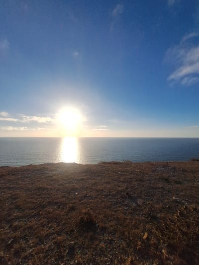 This is a photograph of a seascape with a strong backlight from the sun. The image is oriented vertically, with the sky and sea on the left and a dry, grassy cliff face on the right. The sun is bright and low in the sky, creating a strong glare on the water's surface, suggesting it is either sunrise or sunset. Wispy clouds are visible in the bright blue sky. The sea is a deep blue and appears calm. The cliff face is covered in dry, brown grass and some sparse vegetation, indicating a dry climate. There are no people or man-made objects visible in the scene. The overall mood is serene and natural, highlighting the beauty of the coastal landscape. The time of day is likely early morning or late evening given the low angle of the sun and the quality of light. There is no visible text in the image.