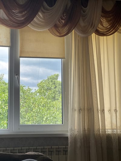 The image shows a window with curtains and a view of trees outside. The window has a white frame and is divided into sections. There are two roller blinds partially pulled down. On the right side of the window, sheer, cream-colored curtains with embroidered detailing are hanging. Above the window, draped fabric curtains in shades of brown and cream are visible. Outside the window, lush green trees are in full foliage, and the sky appears cloudy. The lower part of the image shows a radiator and a bed or sofa covered with a brown blanket, suggesting the scene is indoors. The location is identified as Hozhuli, Ukraine. There are no people visible in the image.
